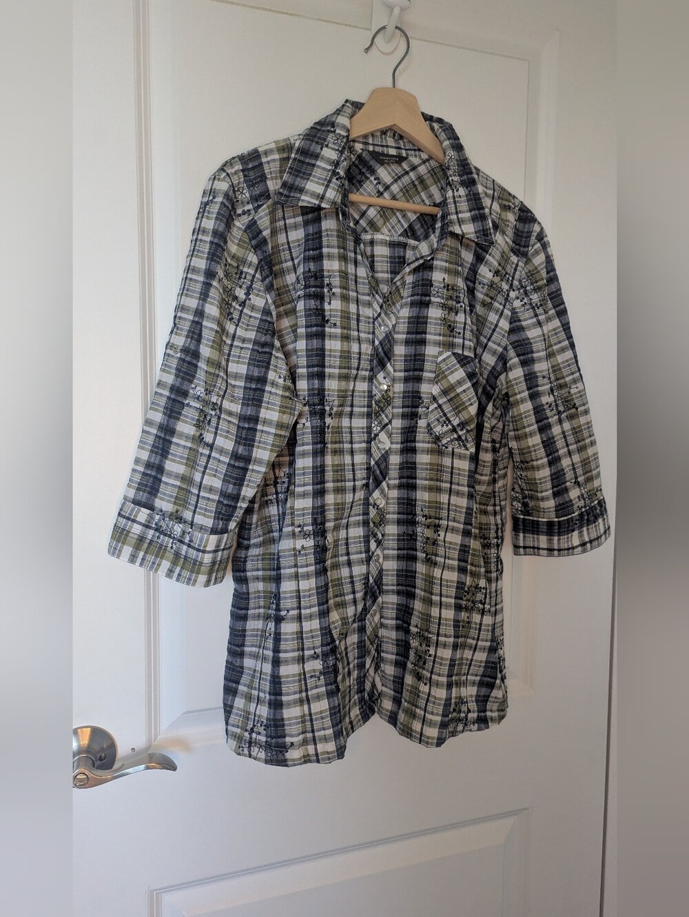 ​Denver Hayes Plaid Floral Embroidered Button Down Shirt 2XL Olive Green